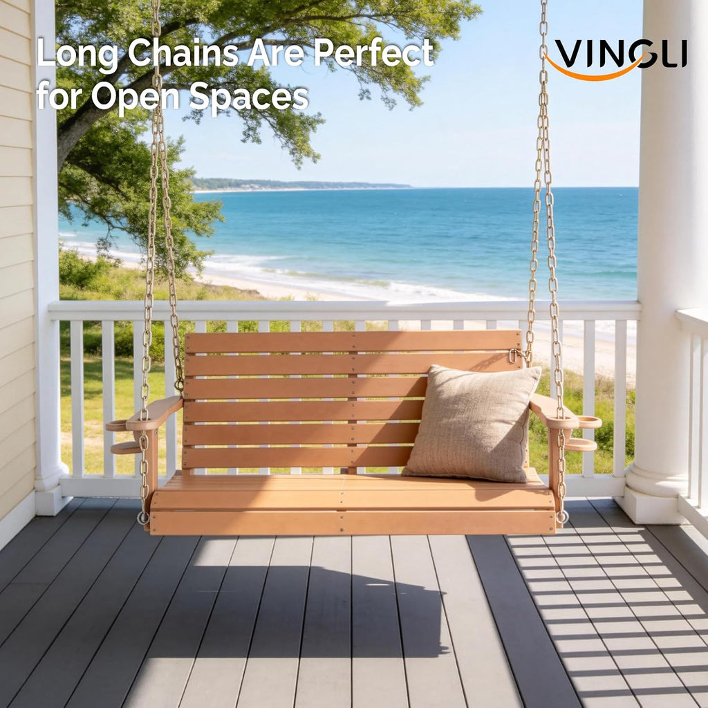 4 FT HDPE Porch Swing Outdoor with Rotatable Cup Holder, Teak | Recycled Plastic Porch Swing with Ergonomic Design