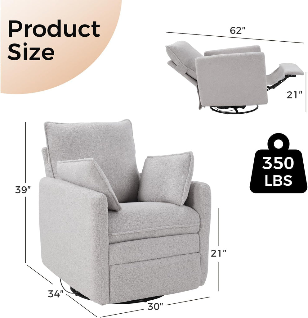 Swivel Rocker Recliner Chair, Teddy Upholstered Nursery Glider Chair, Manual Reclining Chair with Two Removable