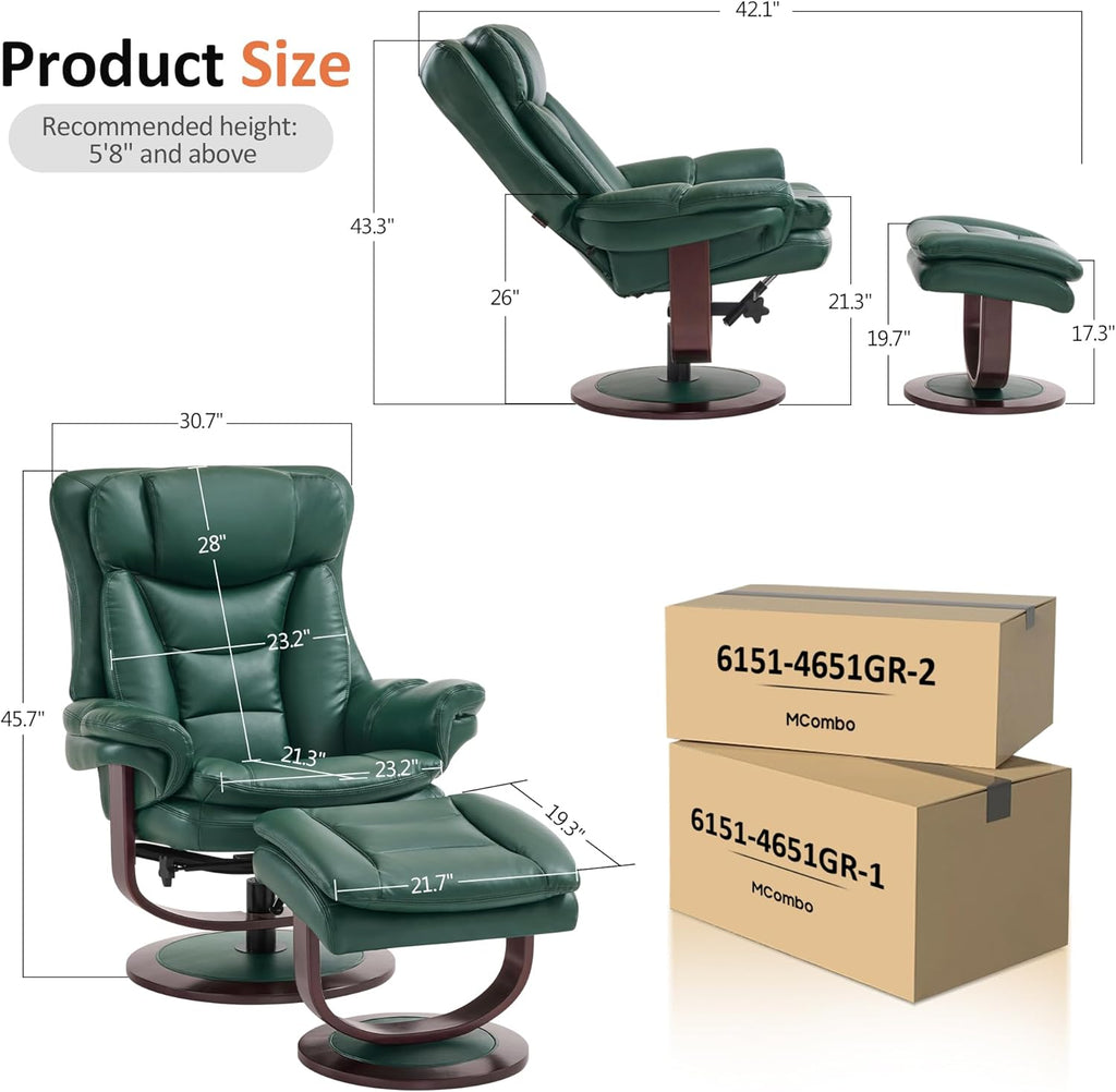 Modern Reclining Swivel Lounge Chair and Ottoman — Green Faux Leather