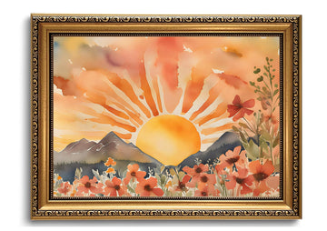 Sunshine Wall Art Sun Picture Wall Decor Sunset Prints Gold Framed Boho Landscape Paintings, Modern Aesthetic Artwork