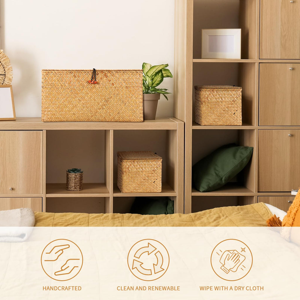 Wicker Shelf Basket with Lids, Seagrass Storage Baskets Bins Rectangular Woven Baskets Boxes for Organizing