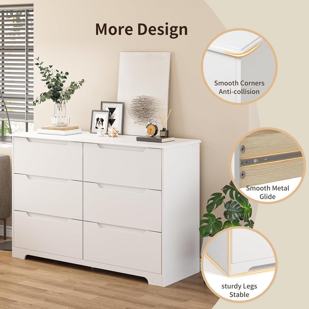 6 Drawer Double Dresser with Anti-Tip Design, White | Modern Wide Wooden Chest of Drawers with Cut-Out Handles