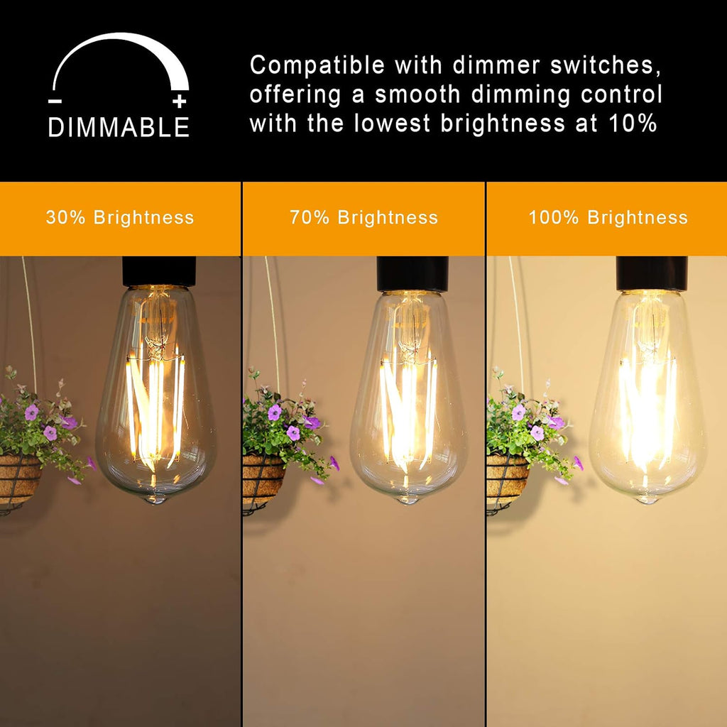 Dimmable Vintage LED Edison Bulbs, 6W, Equivalent 60W, 700lm, Warm White 2700K, 80+ CRI, ST58 Antique LED Filament (Pack Of 6)