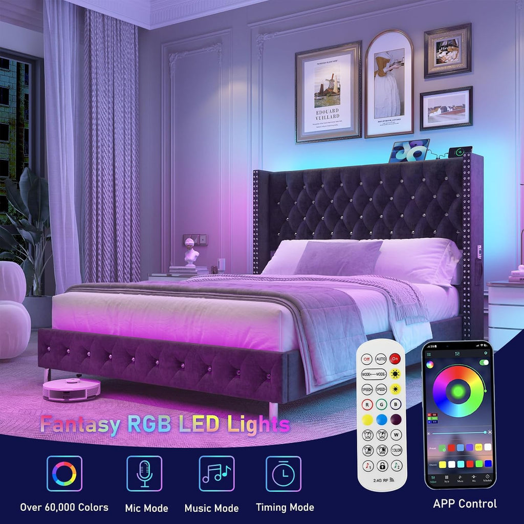 Queen LED Upholstered Bed Frame with Wingback Headboard, Velvet Diamond Button Tufted Bed Frame w/USB&Type-C Ports