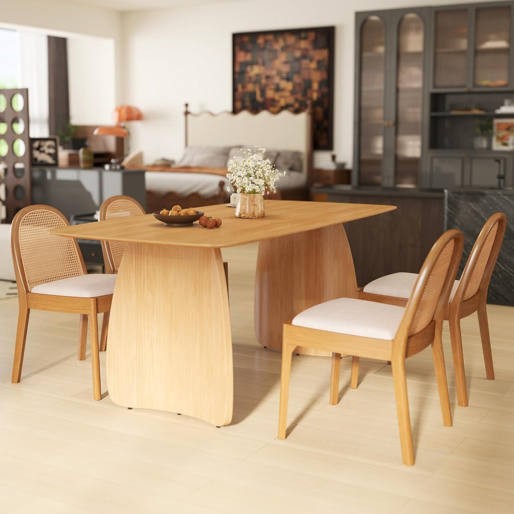 Rattan Dining Chairs Set of 2, Upholstered Linen Dining Room Chairs with Backrests, Modern Kitchen Chairs with Wood