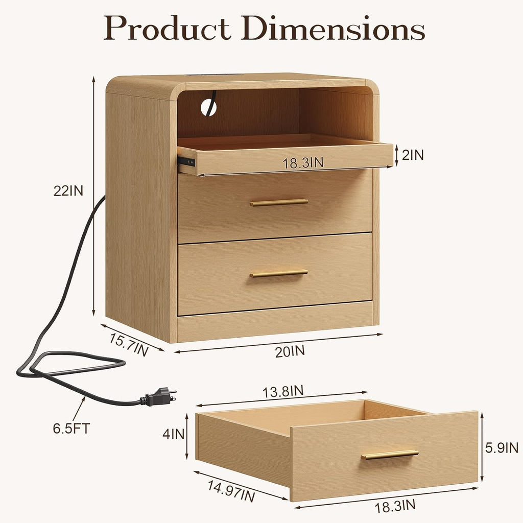 20" Wide Modern Nightstand with Charging Station,2 Drawer End Table with Pull-Out Shelf,Curved Profile Design,Wood