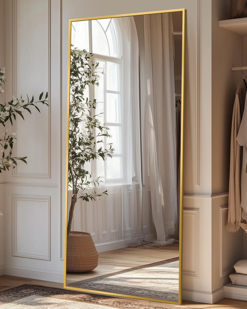 Full Length Mirror, 58"x21" Floor Mirror with Stand, Hanging Mounted Mirrors , Cloakroom, Dining Room, Gold, Rect