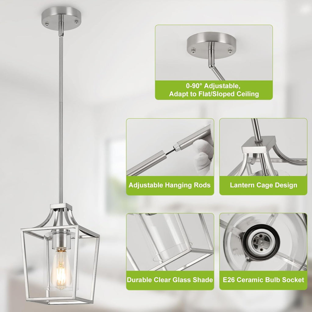 Brushed Nickel Lantern Pendant Light Fixture Pendant Lights for Kitchen Island with Clear Glass Shade, Adjustable