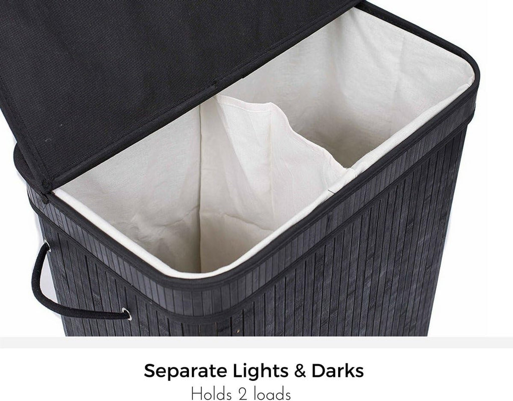 Double Laundry Hamper with Lid and Cloth Liner - Bamboo - Black - Easily Transport Laundry Basket - 2 Section