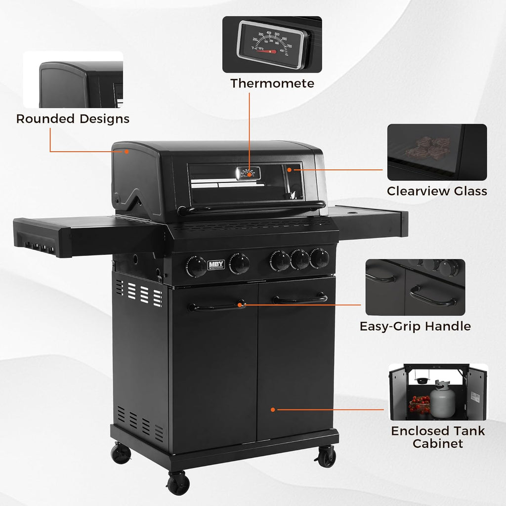 4-Burner Propane Gas Grill with Side Burner, 50,000 BTU BBQ Grill with Cast Iron Grates, Stainless Steel Griddle, and Heavy-Duty Construction for Patio and Backyard