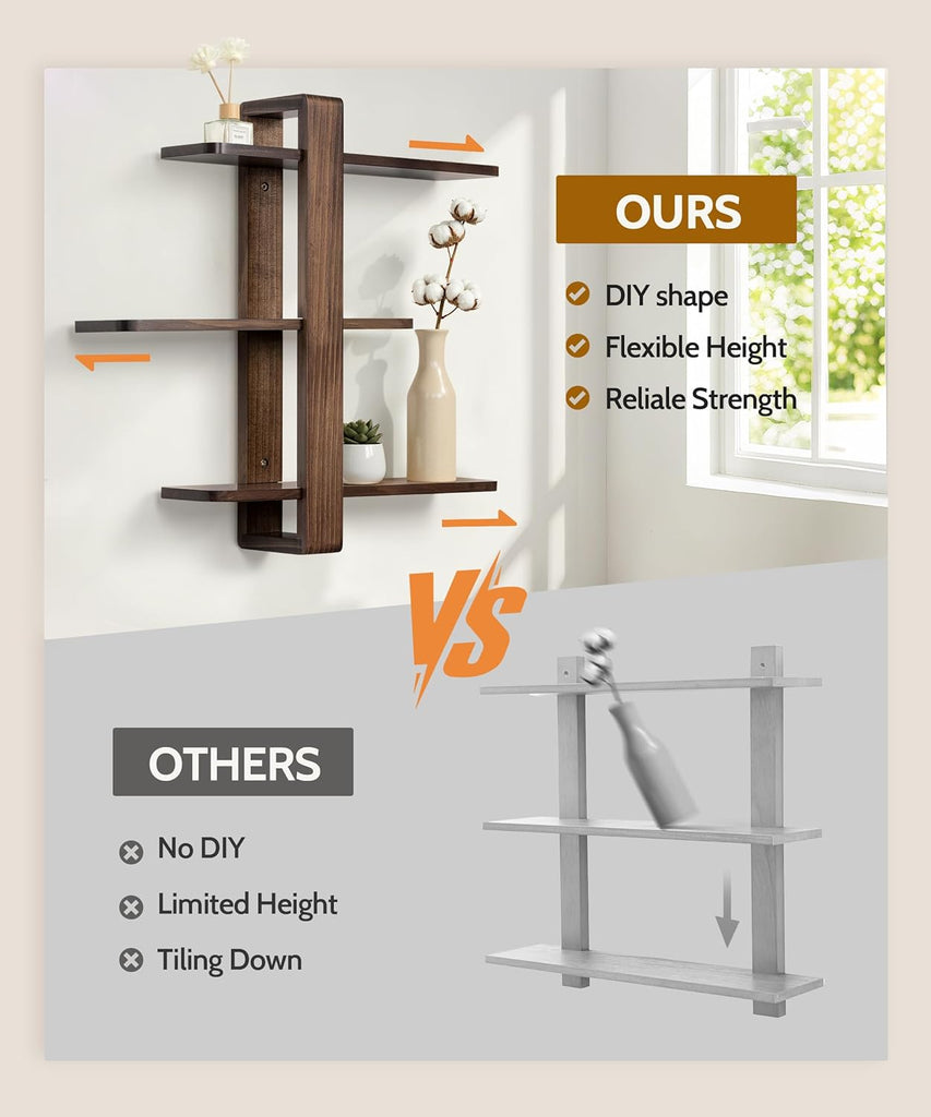 Floating Shelves for Wall Walnut Shelf Unit Mid Century Modern Decor | 3 Tier 20in Adjustable Shelving, Decorative