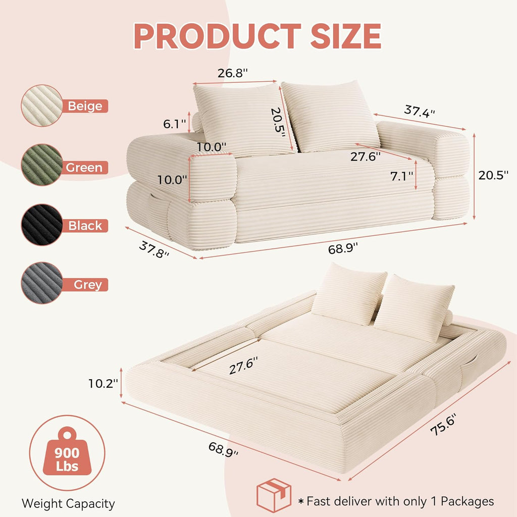 4-in-1 Convertible Folding Sofa Bed, 78"W x 68"L Queen Size Foldable Sleeper Sofa Bed, Wide Corduroy Upholstery