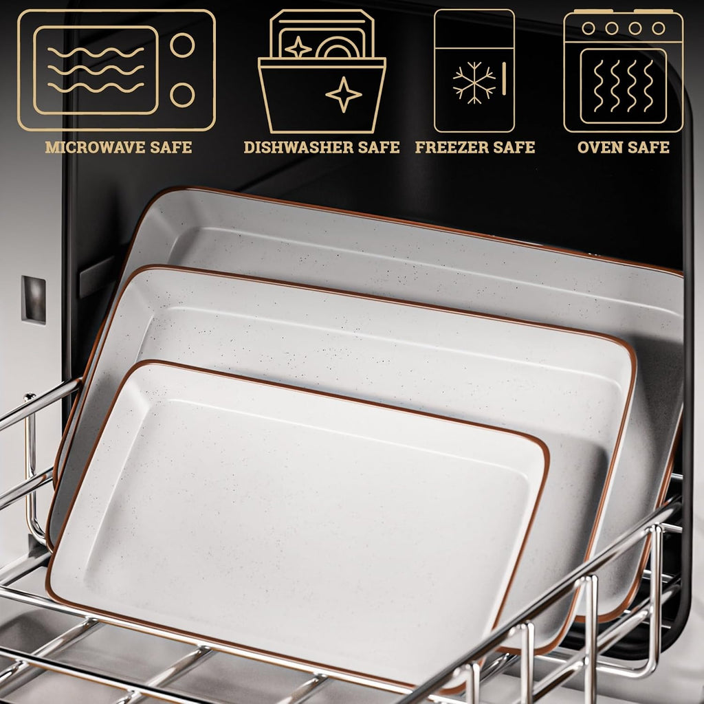 Ceramic Serving Platter Set of 3, Rectangular Plates, 16, 14, 12 inches | Thick Durable Ceramic, Stackable
