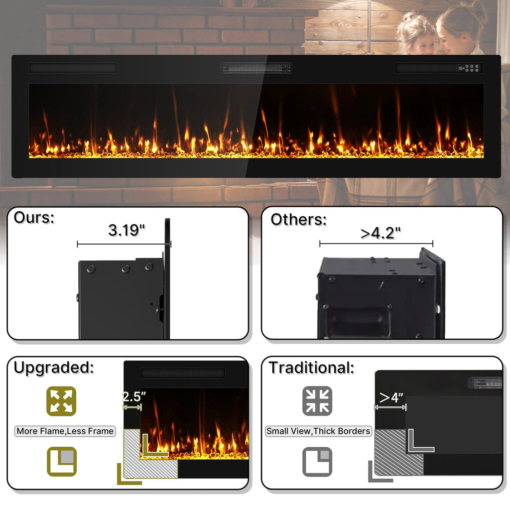 72" Ultra Thin Electric Fireplace Wall Mounted, Slim Fireplace Insert, Wall Fireplace /Bedroom w/Touch Screen, Remote