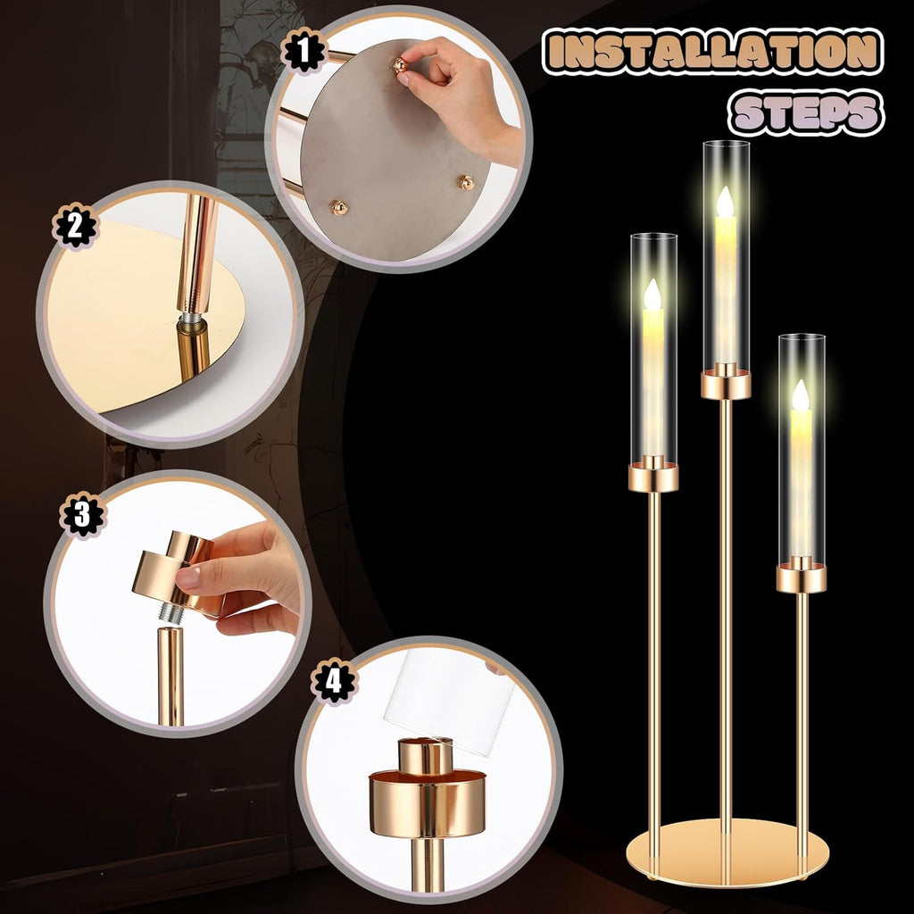 6 Sets 3 Arm Metal Candelabra Centerpiecese Holder Centerpieces with 18 LED Candles and Shade for Ceremony Birthday