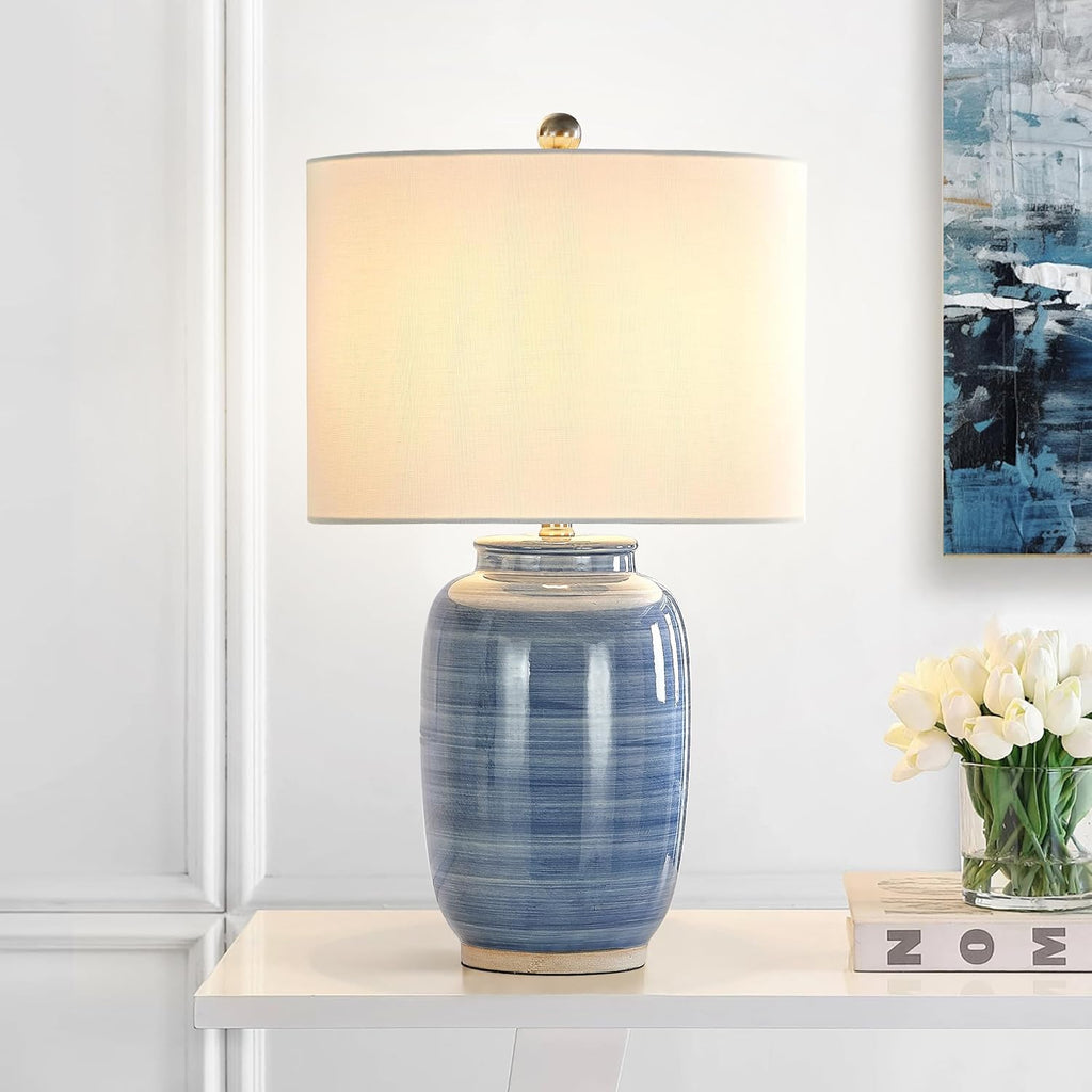 25" Blue Table Lamp, Modern Ceramic Lamp with White Shade, Coastal Blue Bedside Nightstand Lamp Home Office