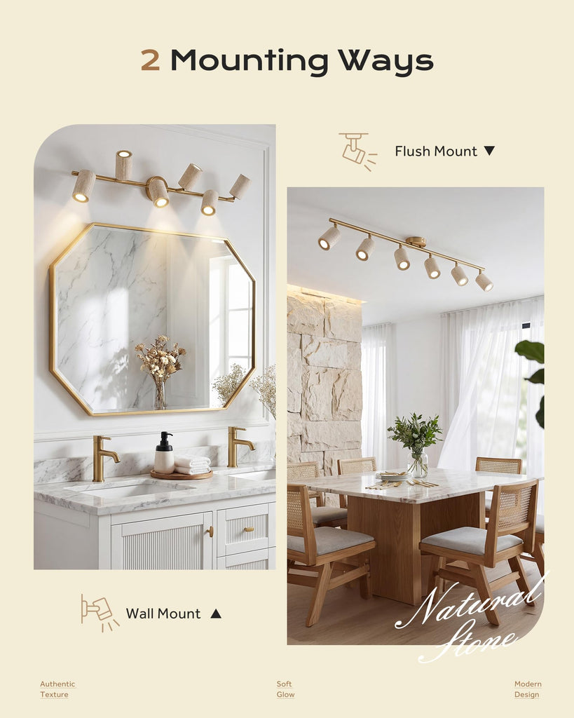 Natural Stone Track Lighting Kit, 3000K LED Track Lights Ceiling Mount, 44.5" Track Lighting Fixtures, Brushed Gold