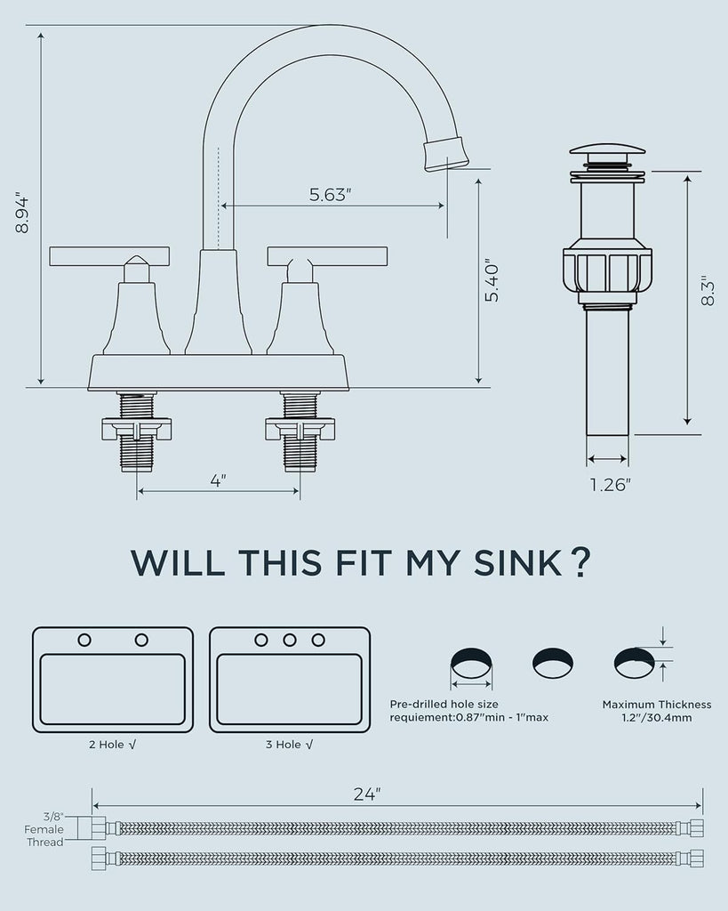 Matte Black Bathroom Faucets, 4 Inch Centerset Bathroom Sink Faucet 2 or 3 Hole with Pop up Drain and cUPC Hose
