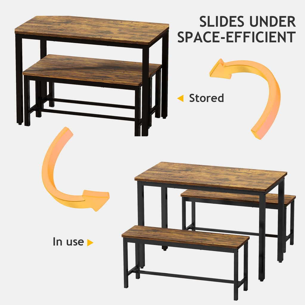 43" Dining Table Set for 4, Modern Space Saving Kitchen Breakfast Table with Benches & Adjustable Feet, Wooden