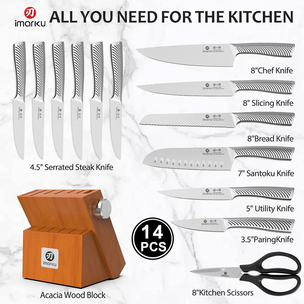 14 Piece Stainless Steel Knife Set with Build-in Sharpener | Japanese High-Carbon Stainless Steel Blades | 56±2 HRC