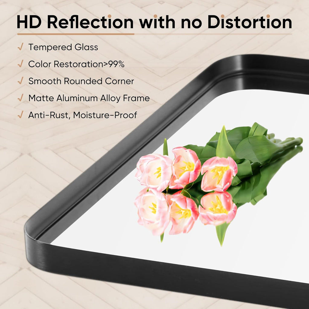 Black Metal Framed Vanity Rounded Rectangle Bathroom Mirrors for Over Sink Wall, 36x24 Inch Large Matte Mirror, Modern