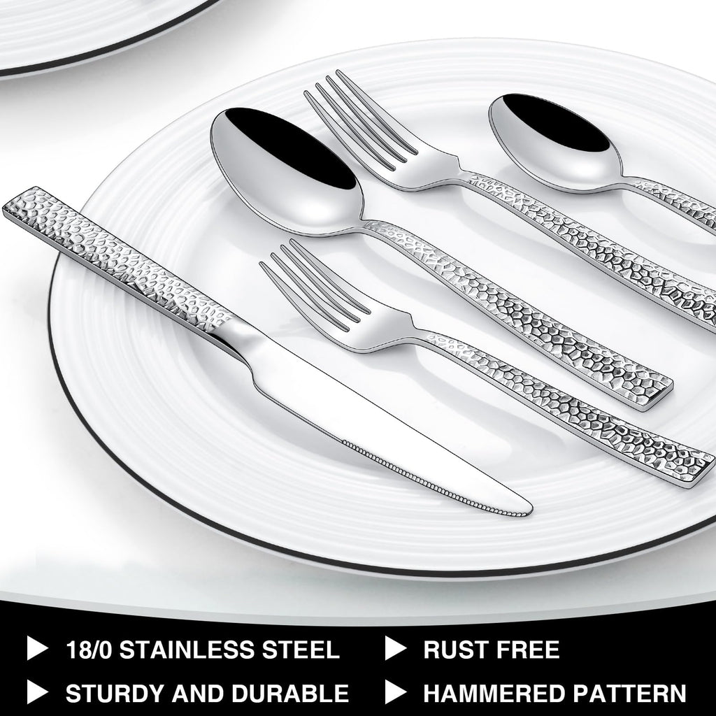 Hammered Silverware Set, 40-Piece Stainless Steel Square Flatware Set for 8, Food-Grade Tableware Cutlery Set