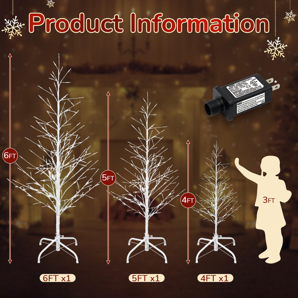 3 Pack 4ft/5ft/6ft Christmas Lighted White Birch Tree with Lights