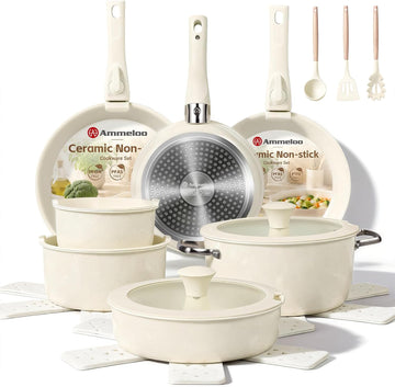 24-Piece Ceramic Cookware Set with Removable Handles, Pots and Pans Set Non Stick, Space Saving, Induction & Oven &