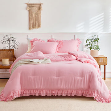 Pink Ruffle Comforter Set, 3 Pieces (1 Ruffled Comforter and 2 Pillowcases) Farmhouse Shabby Chic