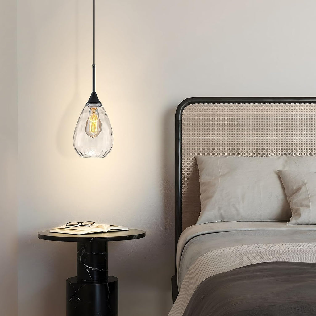 6.3" Glass Pendant Lights Kitchen Island,Modern Black Pendant Lights with Clear Water Ripple Glass Shade,1-Light