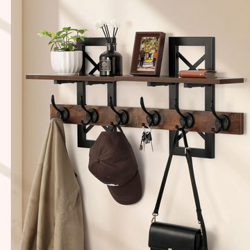 33.86" Wall Mounted Coat Rack with Shelf, Heavy Duty Entryway Wall Organizer with 6 Dual Hooks and Key Holder, Rustic