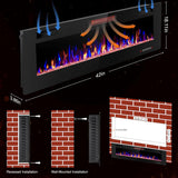 42" Electric Fireplace with Remote Ultra-Thin & Quiet Wall-Mounted Recessed Heater, Adjustable 12-Color Flame