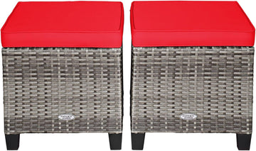 Patio Ottoman Set of 2, Outdoor Rattan Wicker Ottoman Seat with Removable Cushions, Patio Furniture Footstool
