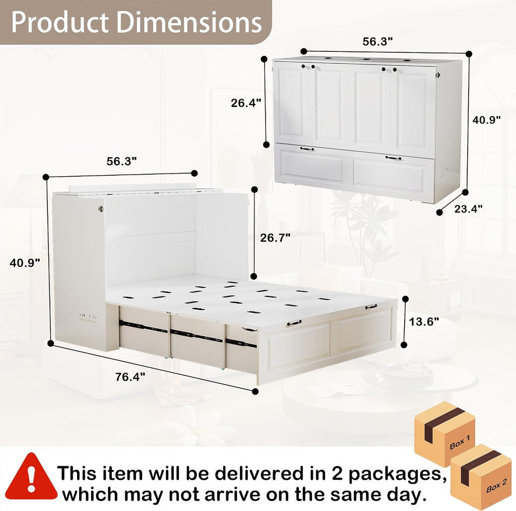 Full Murphy Bed Cabinet: White 2 in 1 Murphy Bed, Wood Cabinet Beds with Storage Drawer, Foldable and Charging