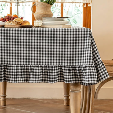 Black White Buffalo Plaid Rectangle Tablecloth with Ruffle Edge, Farmhouse Linen Blend Decorative Table Cover