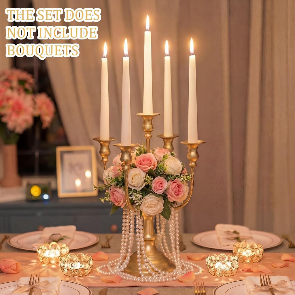 Metal Gold Candelabra Centerpiecedle Stand with 39.3 ft Pearl Chains 11.8'' Tall 5-branch Vintage Taper Candlestick