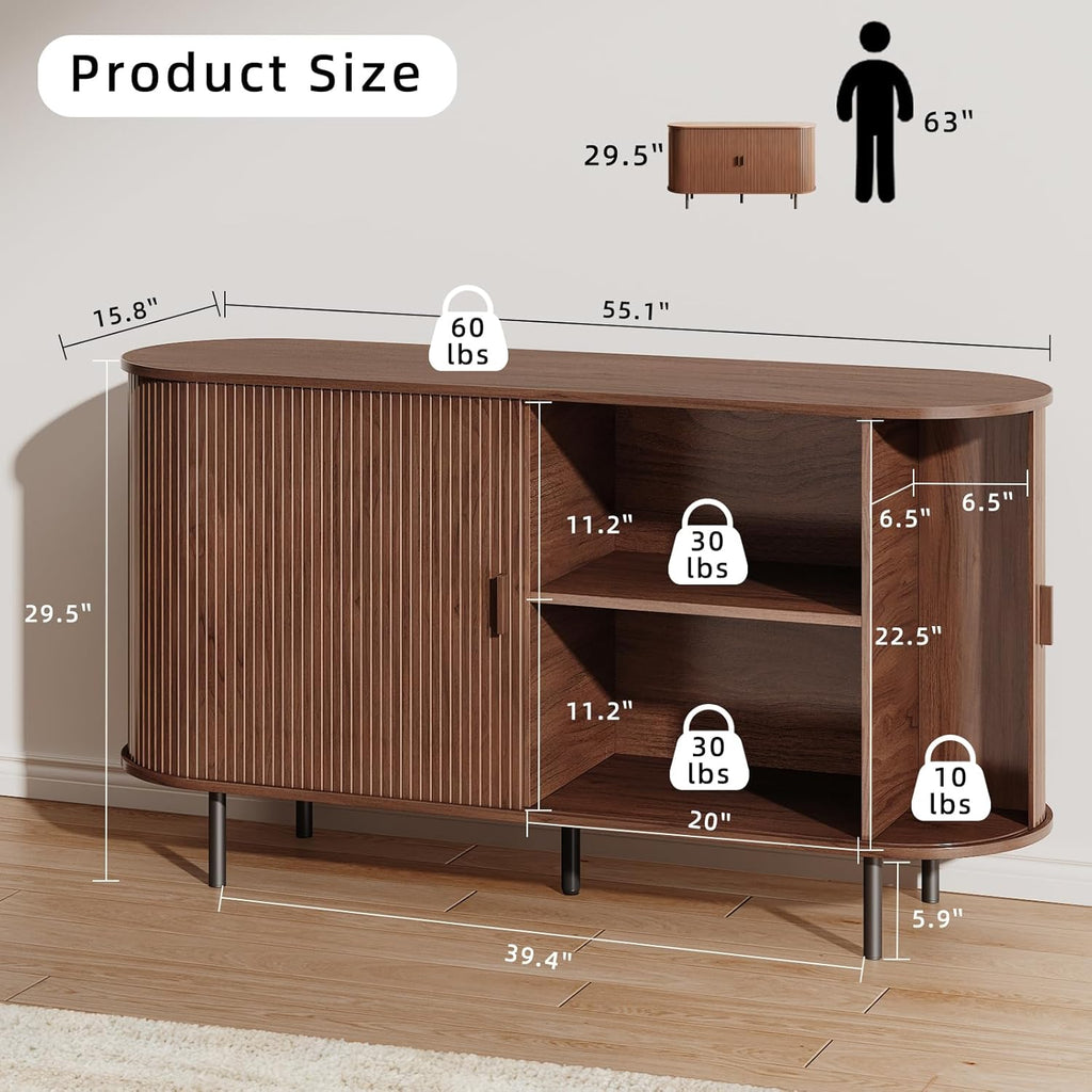 Buffet Sideboard Cabinet with Storage, 55" Fluted Cabinet with Sliding Door & Adjustable Shelf