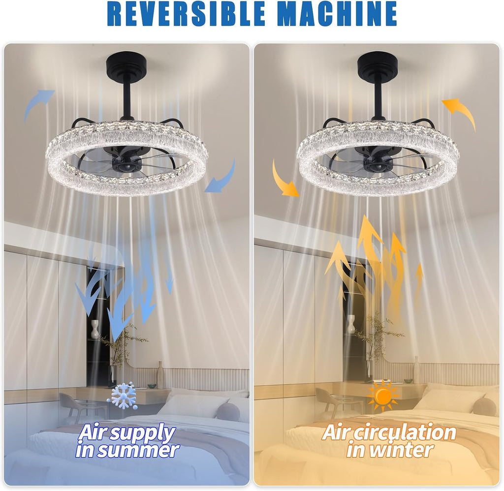 20" Ceiling Fans with Lights and Remote, Modern Crystal Chandelier Quiet Ceiling Fans