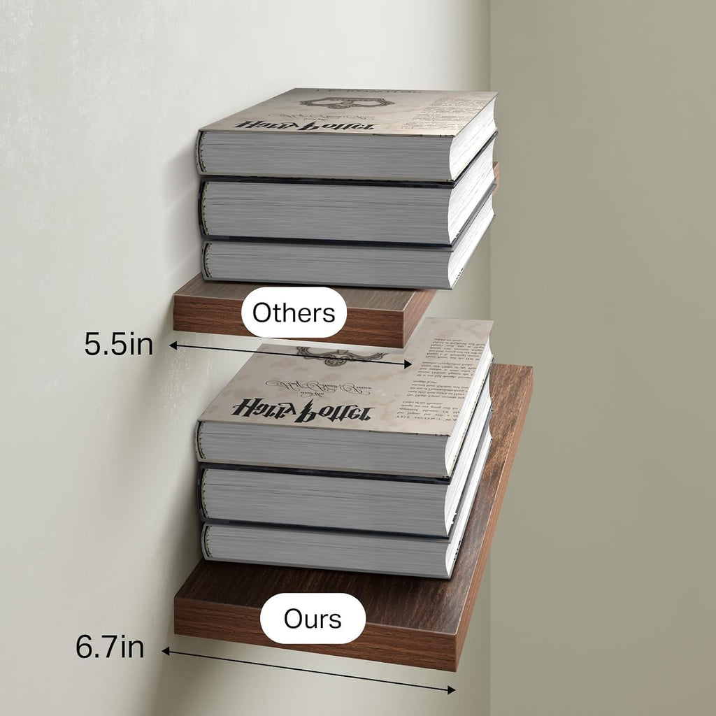 Walnut-Like Floating Shelves 15.7in, 3 Pack, Wall Mount Rustic Shelf | 22lbs Max Load, Hidden Bracket, Bedroom