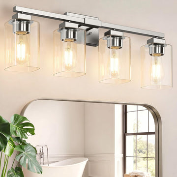 27" Bathroom Light Fixtures,4-Light Vanity Light Brushed Nickel | Square Clear Glass & Durable Metal, Quick & Easy
