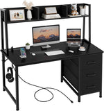 Black Computer Desk with Hutch & Drawers - Office Desk with 3 Storage Drawers and Power Outlets