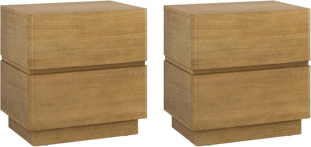 Rivelle Modern Contemporary Nightstand with Drawer, Minimalist Solid Wood Bedside Table with 2 Drawers, Light Brown