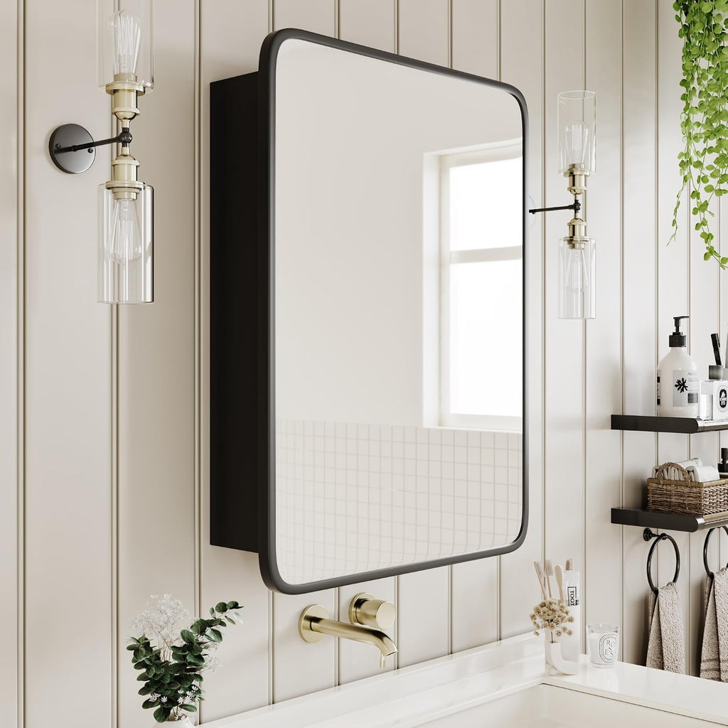 Medicine Cabinet with Black Metal Frame Mirror, Overall 17.5"x29" | Bathroom Wood Wall Cabinet with Mirror, 16.1"x24"