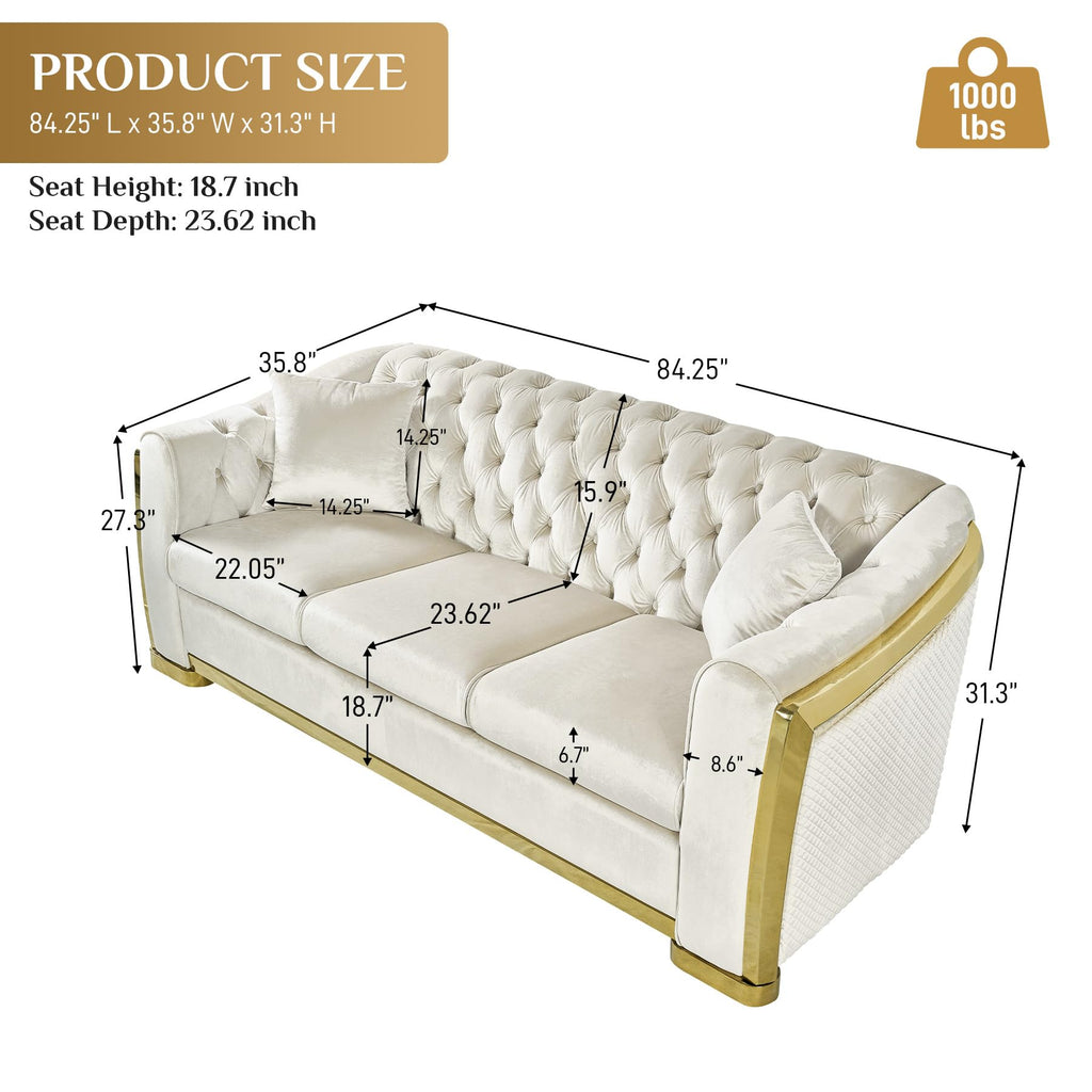 84" Luxury Oversized Velvet Chesterfield Sofa, White and Gold Couch