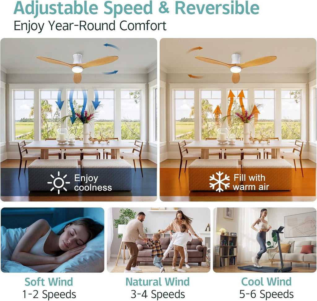 52 Inch Inspired Maverick Style Low Profile Smart Ceiling Hugger Fan with LED Light & Remote - Flush Mount, WiFi Alexa, 6-Speed Reversible - White
