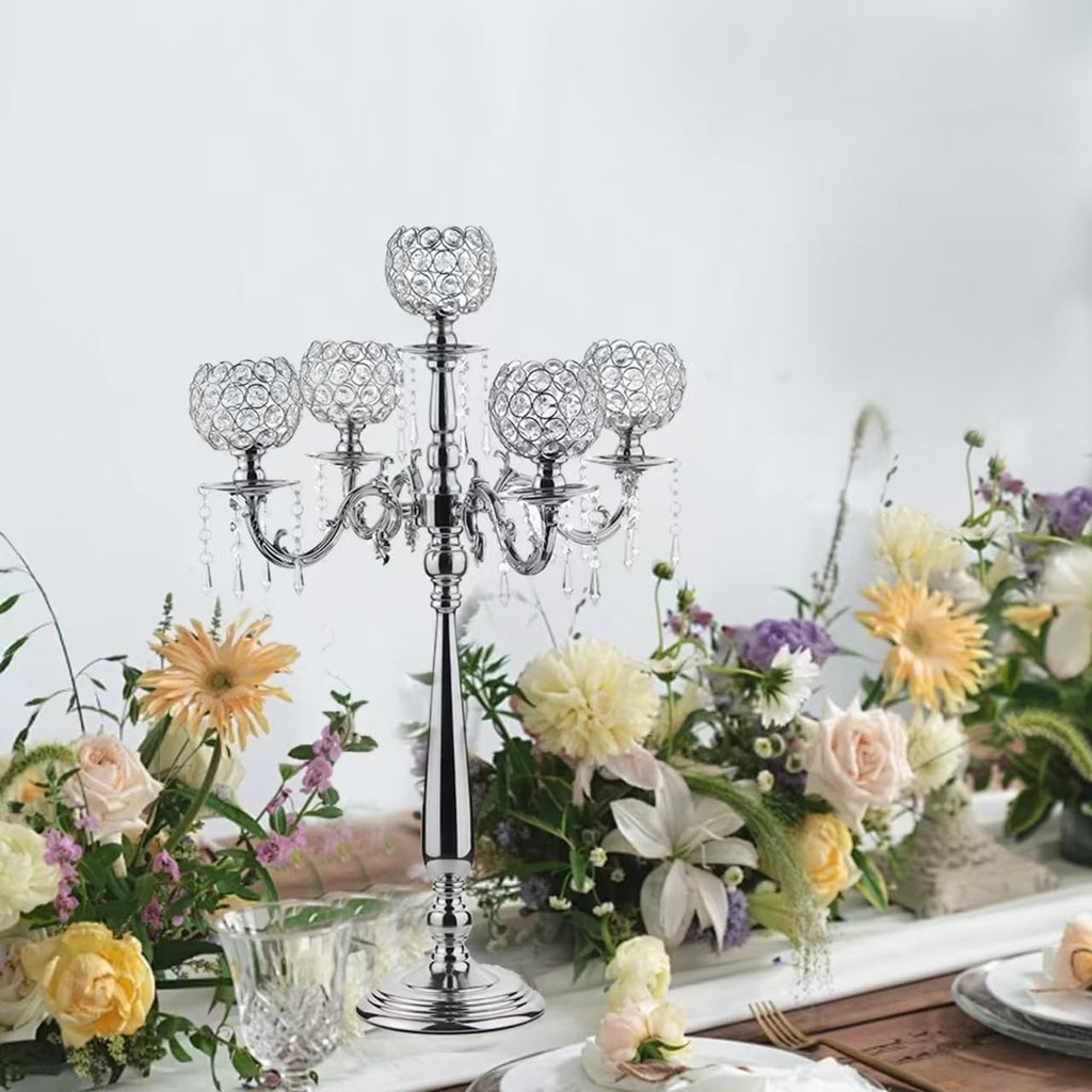 4Sets 5 Arm Crystal Candelabra Centerpieces,29.5Inches Tall Silver Metal Candlestick Holders with 5 Flower Bowl Holdern
