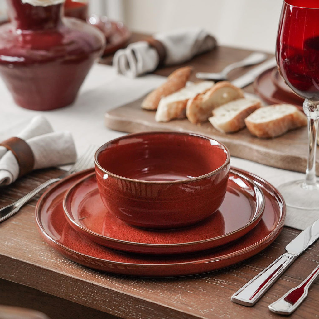 Stoneware Dinnerware Sets for 4, Reactive Glaze, Red