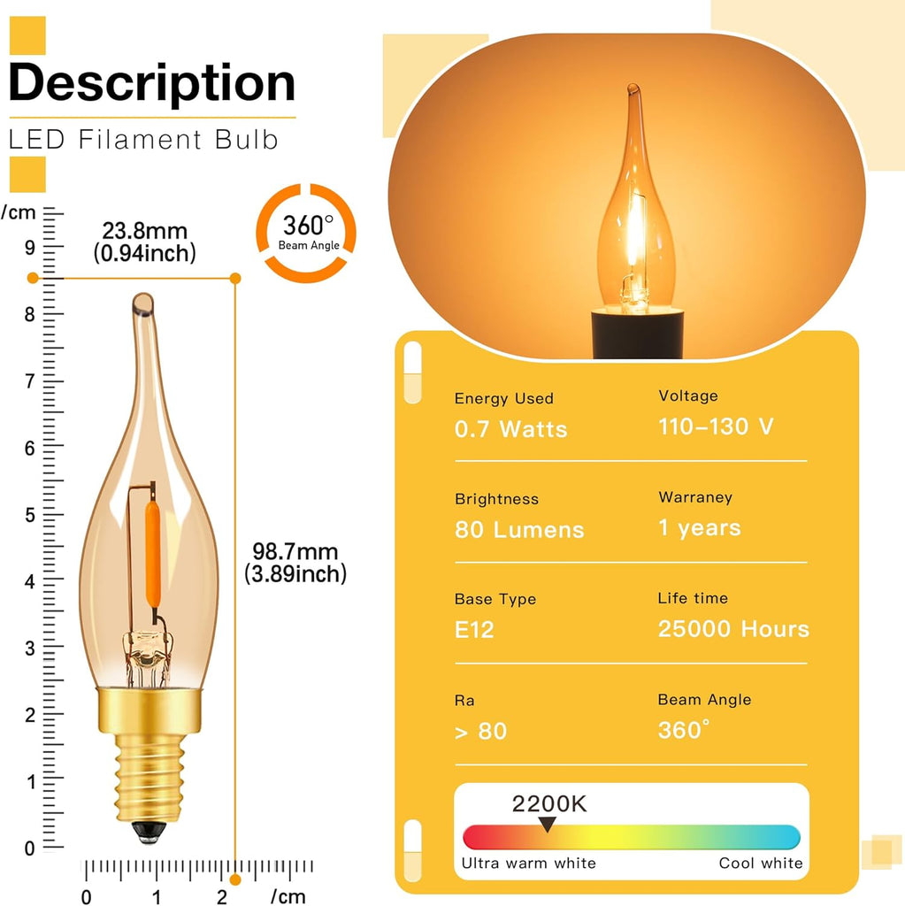 LED Vintage Candelabra Bulbs Night Lights E12 C22T Edison Candle Bulbs Filament Flame 7 Watt Equivalent LED