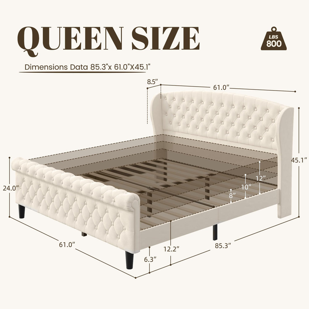 Queen Platform Bed Frame, Velvet Upholstered Sleigh Bed with Wingback Tufted Headboard and Footboard, Noise-Free