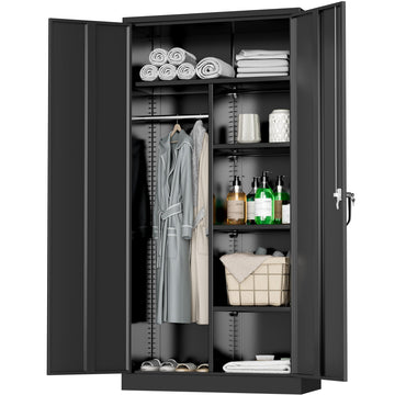 Metal Wardrobe Closet with Doors and Shelves, 72" Black Armoire Wardrobe Closet for Hanging Clothes, School